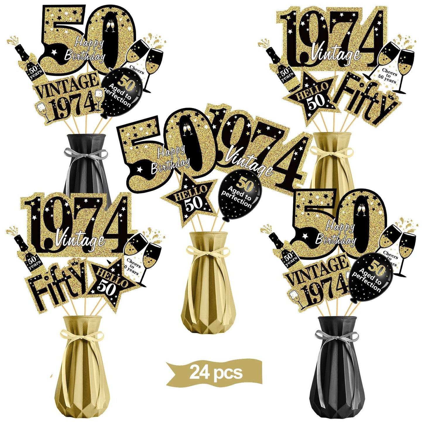 Golden Age 50th Birthday Table Centerpieces - Vintage 1974 Happy 50th Birthday Party Decorations - 50 Years Old Centerpieces Sticks for Men Women