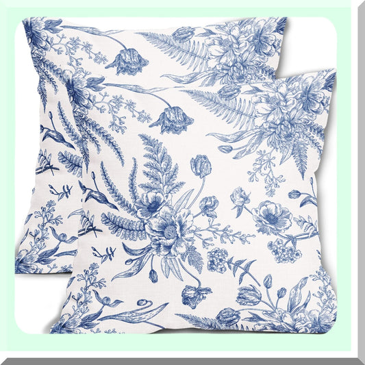 Blue Floral Summer Pillow Covers - Set of 2, 16x16 Inch Linen Throw Pillowcases for Patio Sofa, Bedroom, Indoor & Outdoor Party Decor.