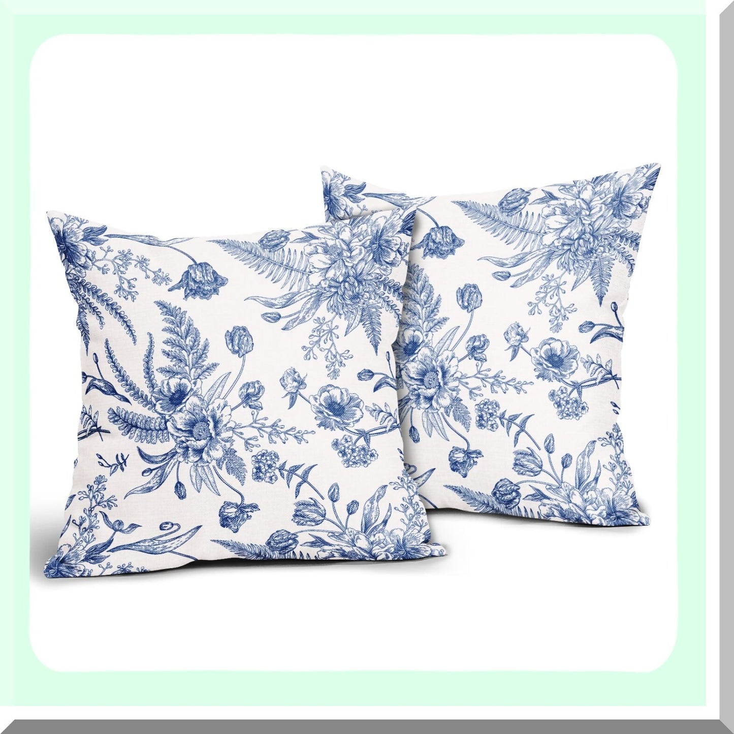 Blue Floral Summer Pillow Covers - Set of 2, 16x16 Inch Linen Throw Pillowcases for Patio Sofa, Bedroom, Indoor & Outdoor Party Decor.