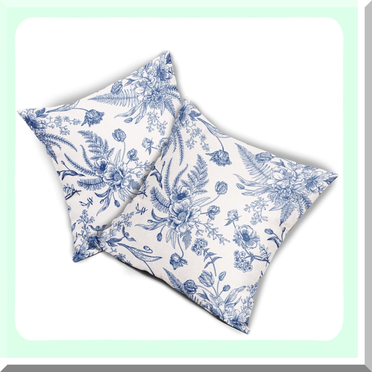 Blue Floral Summer Pillow Covers - Set of 2, 16x16 Inch Linen Throw Pillowcases for Patio Sofa, Bedroom, Indoor & Outdoor Party Decor.