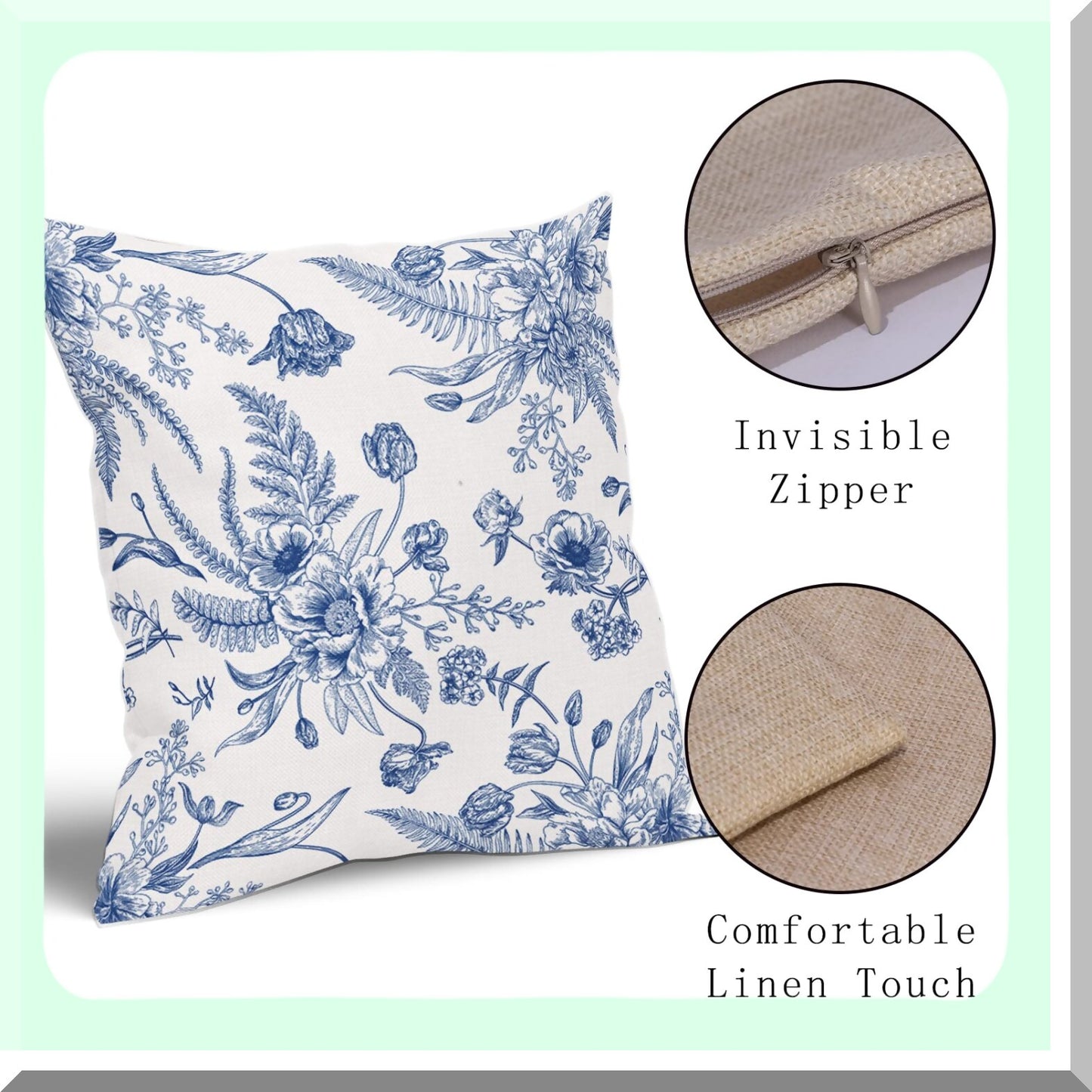 Blue Floral Summer Pillow Covers - Set of 2, 16x16 Inch Linen Throw Pillowcases for Patio Sofa, Bedroom, Indoor & Outdoor Party Decor.