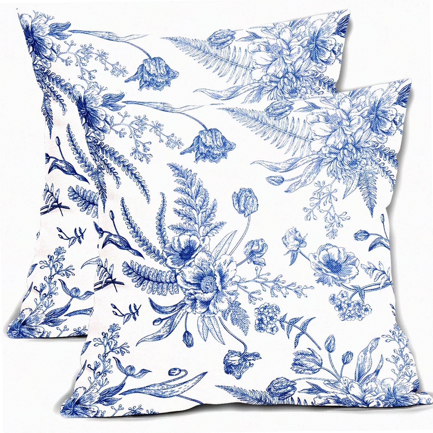 Blue Floral Summer Pillow Covers - Set of 2, 16x16 Inch Linen Throw Pillowcases for Patio Sofa, Bedroom, Indoor & Outdoor Party Decor.