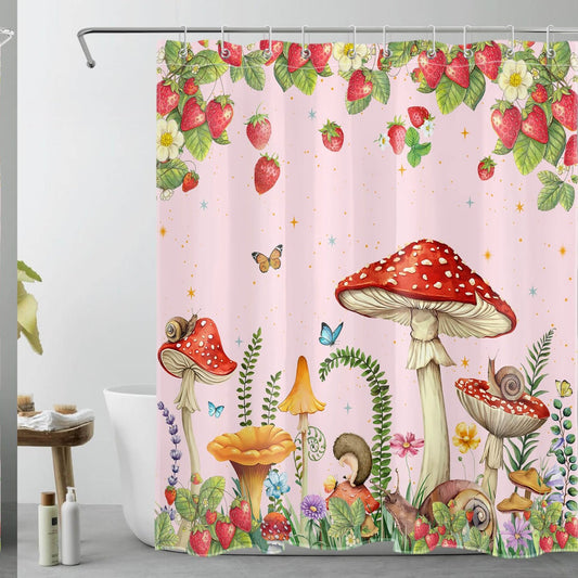 Red Mushroom and Floral Shower Curtain 72x60 inches