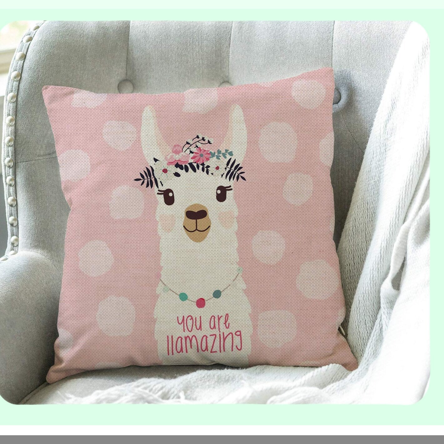 Llamazing Quote Farmhouse Pillow Cover - Fun Llama Decor for Sofa & Couch - 18x18 Inch Cotton Linen Cushion Case - Home Decorations