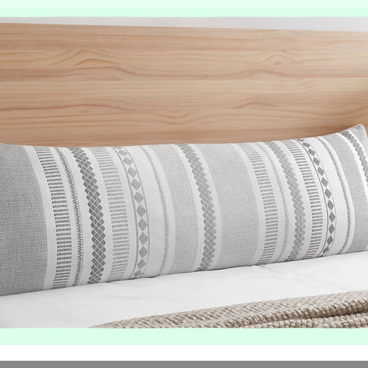 Boho Chic Jacquard Body Pillow Cover - Farmhouse Grey Ivory Decorative Throw Case for Couch - Modern Zipper Accent 54x20 - Neutral Bedroom Decor