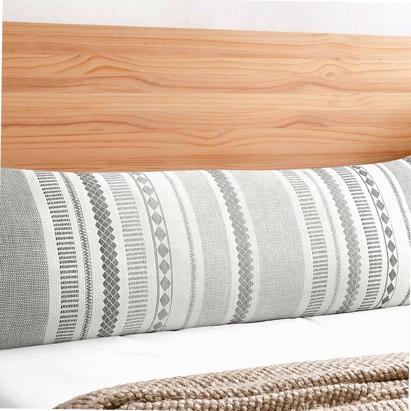 Boho Chic Jacquard Body Pillow Cover - Farmhouse Grey Ivory Decorative Throw Case for Couch - Modern Zipper Accent 54x20 - Neutral Bedroom Decor