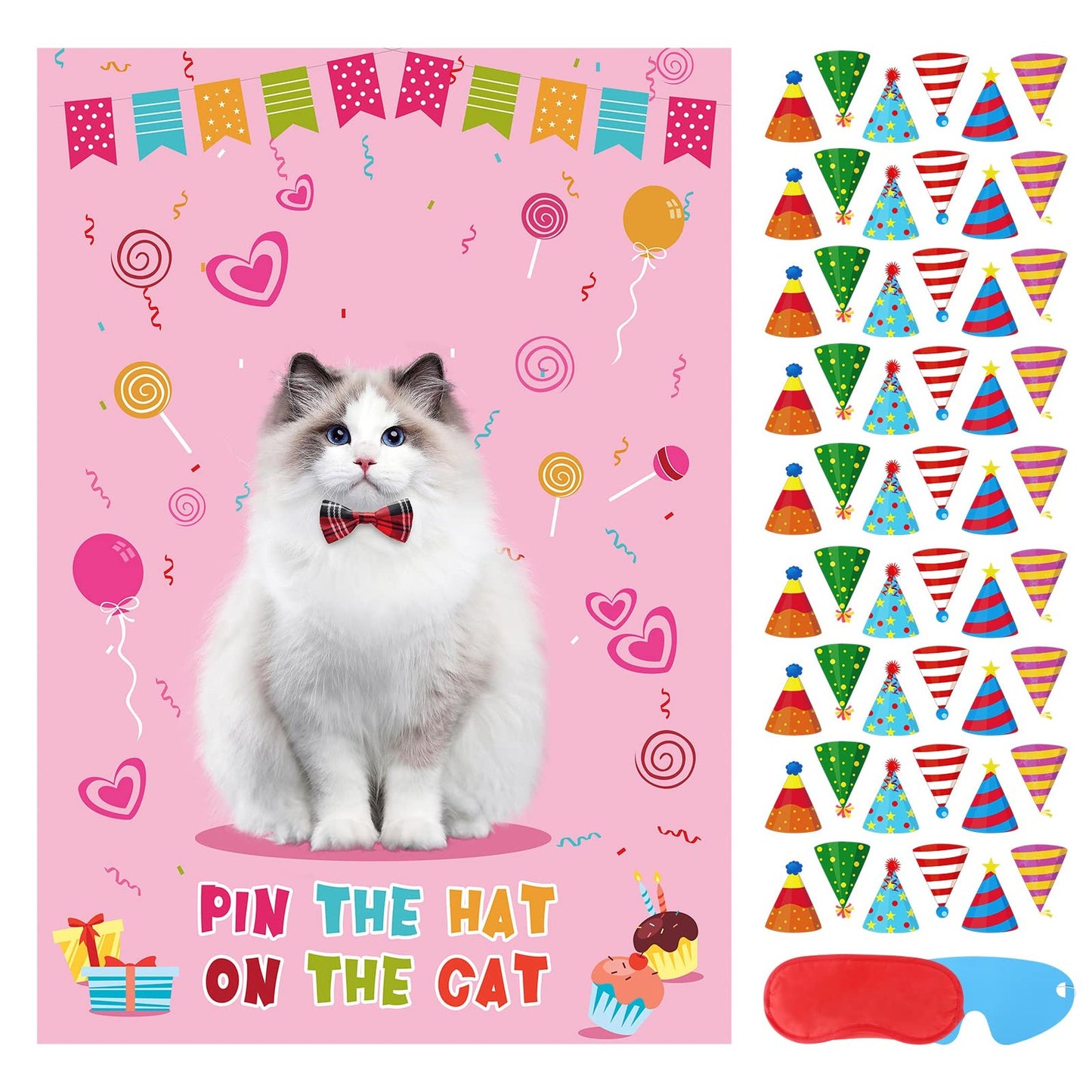 Cat Hat Challenge Game - Fun Cat Birthday Party Activity Kit for Kids - Includes Large Cat Poster and 54 Hat Stickers - Cat Themed Party Supplies for Girls and Boys - Interactive Cat Party Game