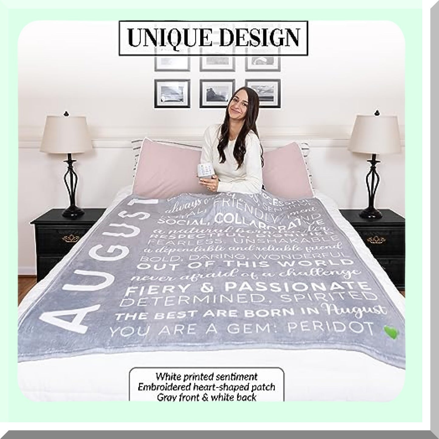August Royal Plush Birthday Blanket - Green Embroidered Heart, 50x60-inch, Gray