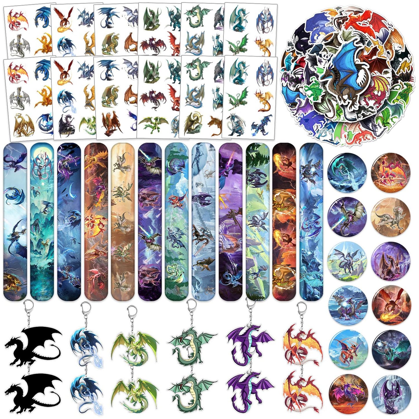 Dragon Party Pack - 98PCS Dragon Themed Favors & Decorations Set with Slap Bracelets, Stickers, Button Pins, Key Ring, and Temporary Tattoos - Perfect for Birthday Celebrations!