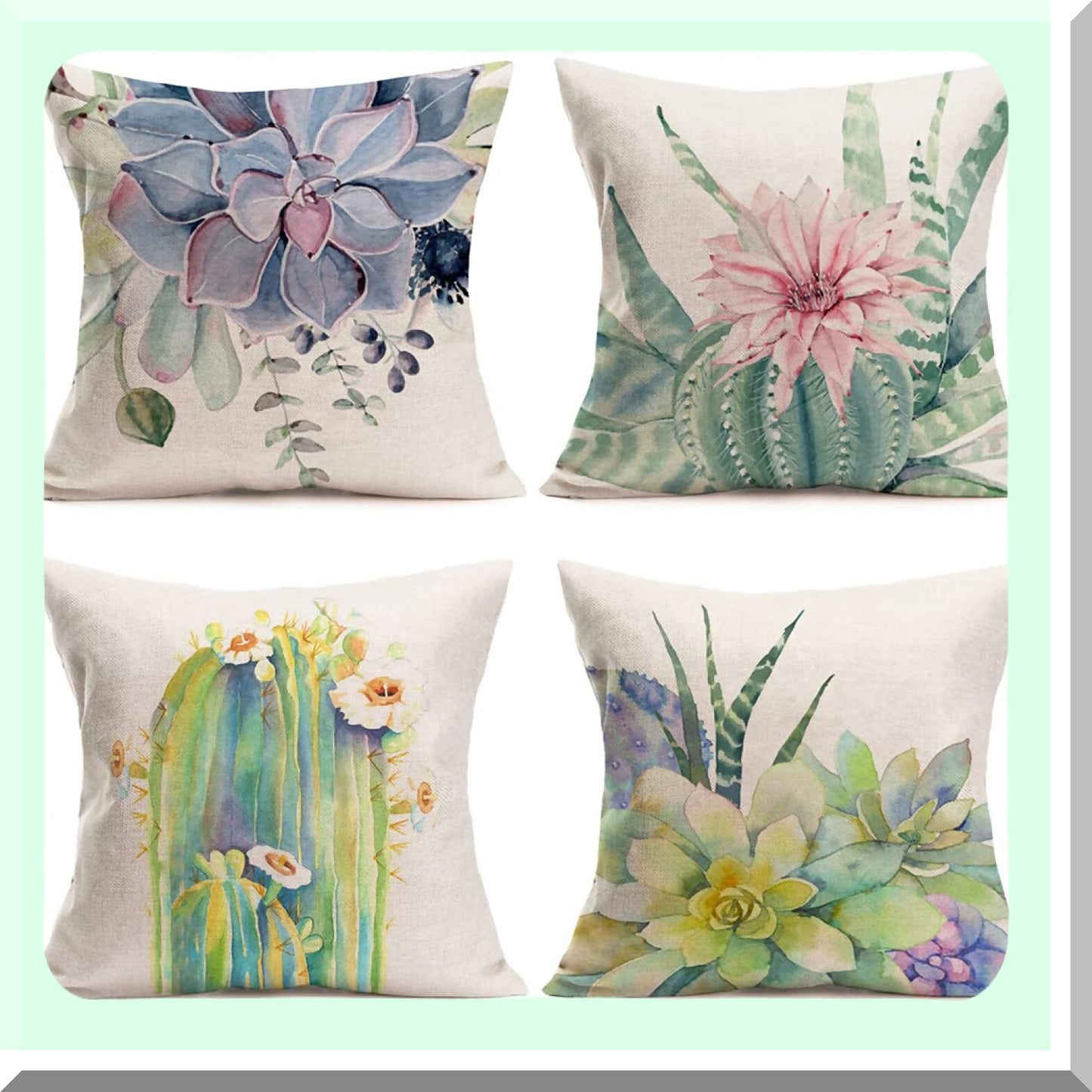 Tropical Succulent Cactus Flower Pillow Covers - Set of 4, 24x24 Inch Decorative Throw Cushion Cases for Sofa, Outdoor Cotton Linen Square Floral Decor