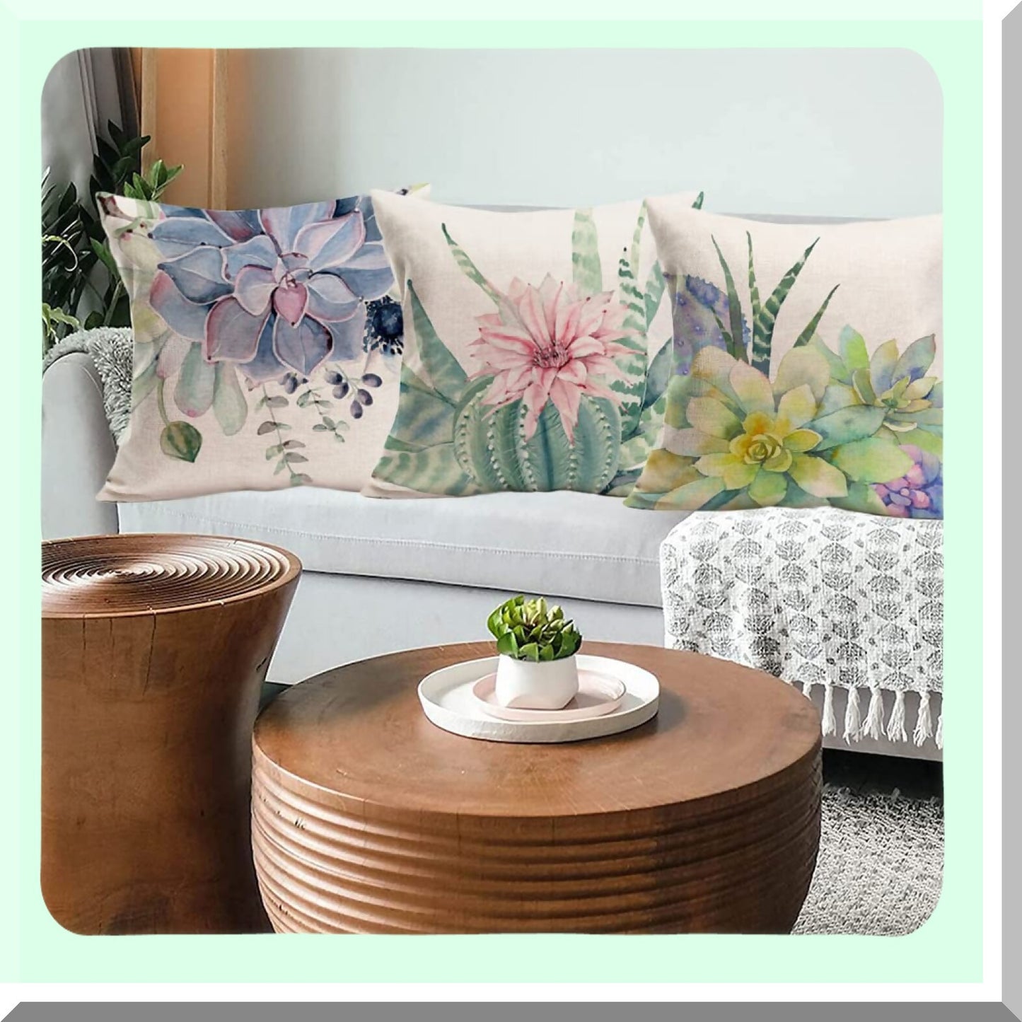Tropical Succulent Cactus Flower Pillow Covers - Set of 4, 24x24 Inch Decorative Throw Cushion Cases for Sofa, Outdoor Cotton Linen Square Floral Decor
