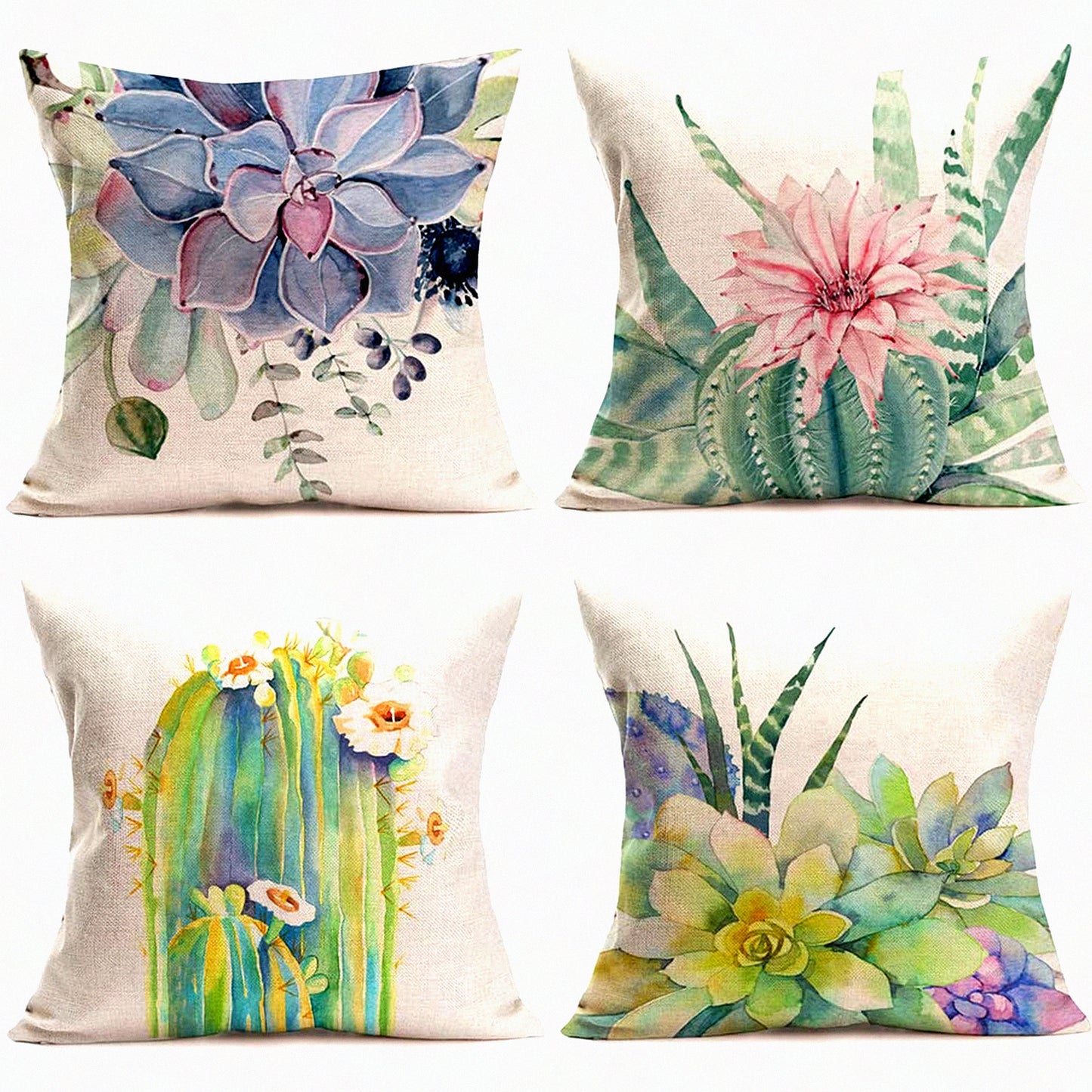 Tropical Succulent Cactus Flower Pillow Covers - Set of 4, 24x24 Inch Decorative Throw Cushion Cases for Sofa, Outdoor Cotton Linen Square Floral Decor