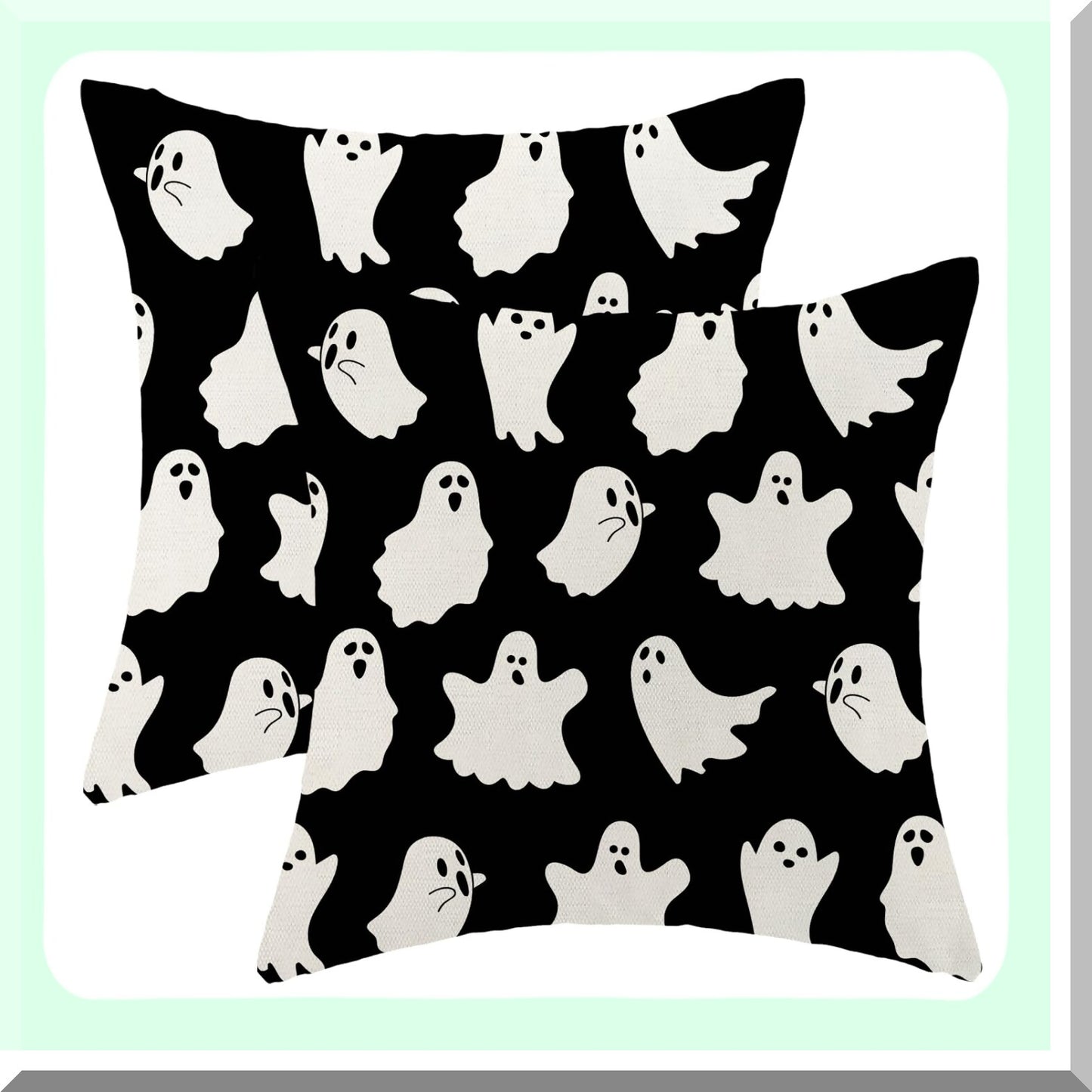 Ghostly Farmhouse Pillow Covers - Set of 2, 20x20 Outdoor Linen Throw Cushion Cases for Couch Sofa. Vintage Decor with Cute Ghost Design.
