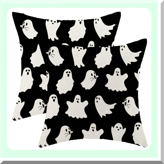 Ghostly Farmhouse Pillow Covers - Set of 2, 20x20 Outdoor Linen Throw Cushion Cases for Couch Sofa. Vintage Decor with Cute Ghost Design.