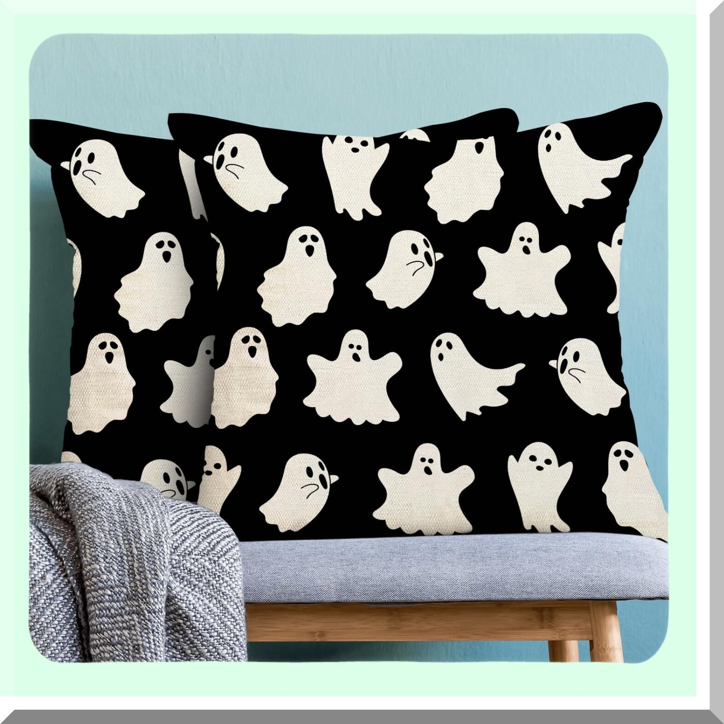 Ghostly Farmhouse Pillow Covers - Set of 2, 20x20 Outdoor Linen Throw Cushion Cases for Couch Sofa. Vintage Decor with Cute Ghost Design.