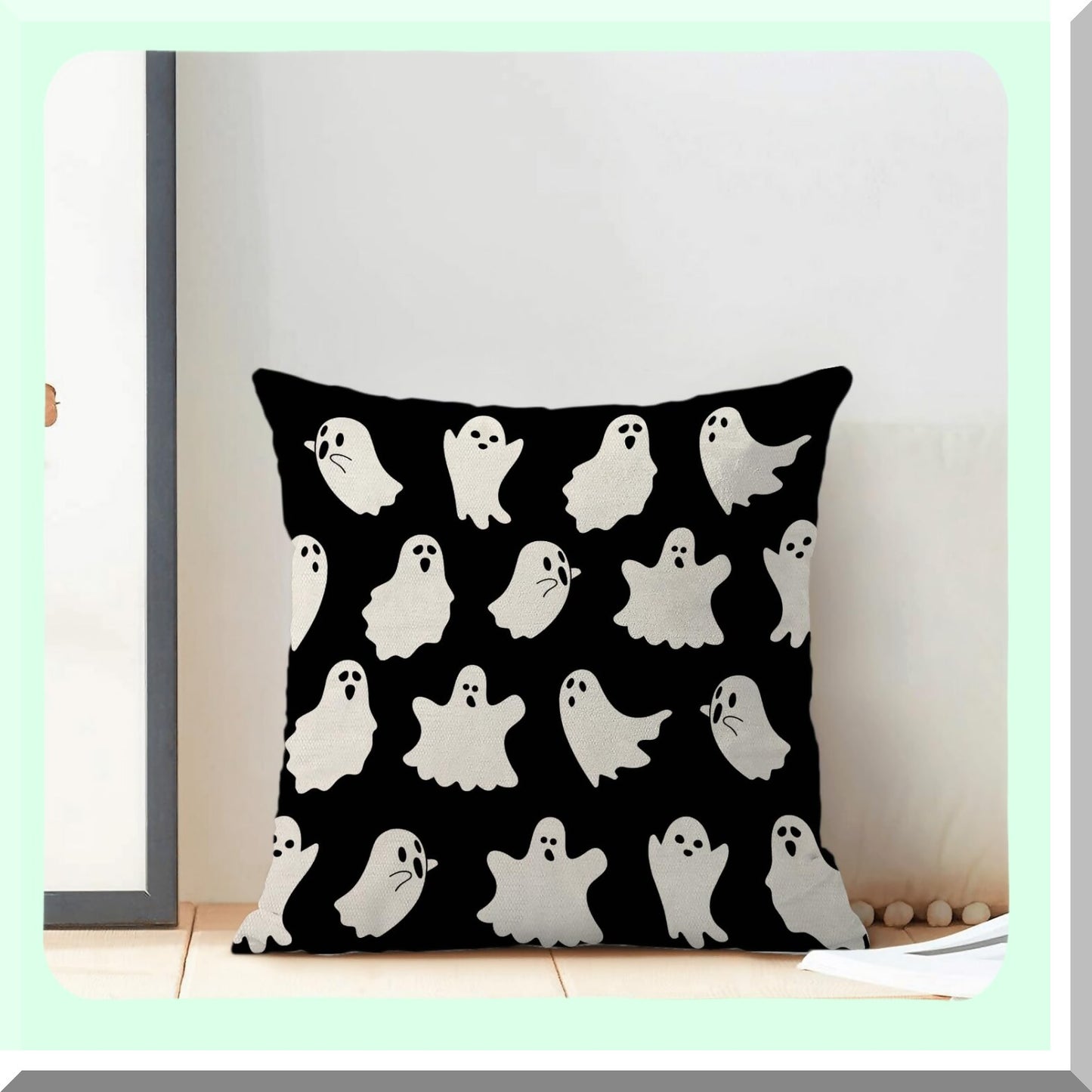 Ghostly Farmhouse Pillow Covers - Set of 2, 20x20 Outdoor Linen Throw Cushion Cases for Couch Sofa. Vintage Decor with Cute Ghost Design.
