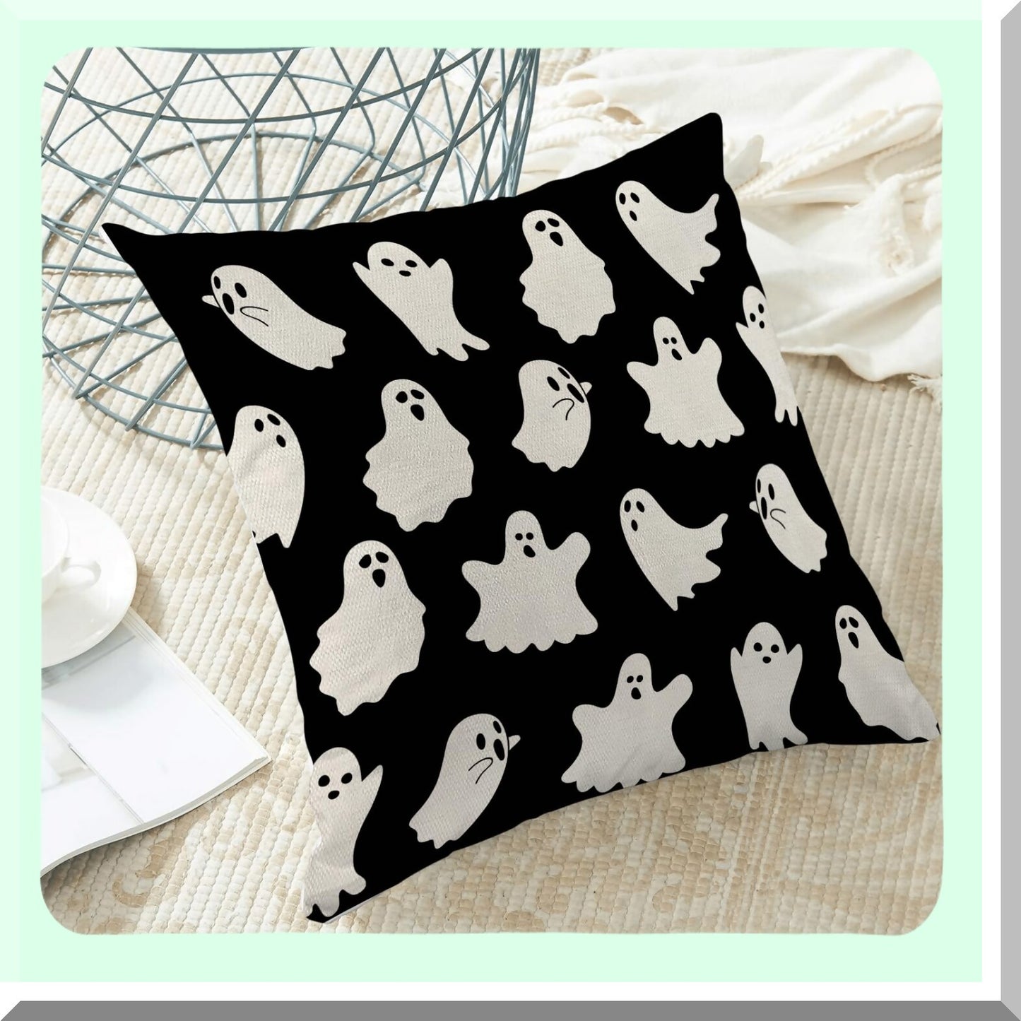 Ghostly Farmhouse Pillow Covers - Set of 2, 20x20 Outdoor Linen Throw Cushion Cases for Couch Sofa. Vintage Decor with Cute Ghost Design.