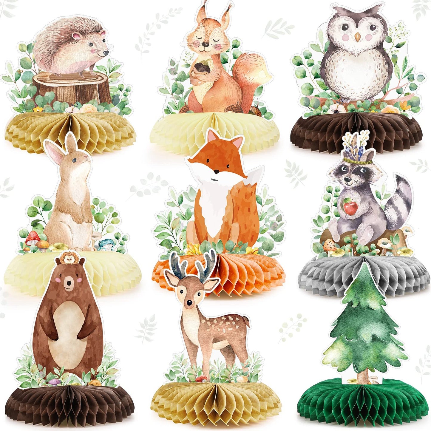 Woodland Honeycomb Centerpiece Set - 3D Table Decor for Baby Shower & Birthday Party - Forest Theme Camping Decoration - 9 Pack Woodland Centerpieces