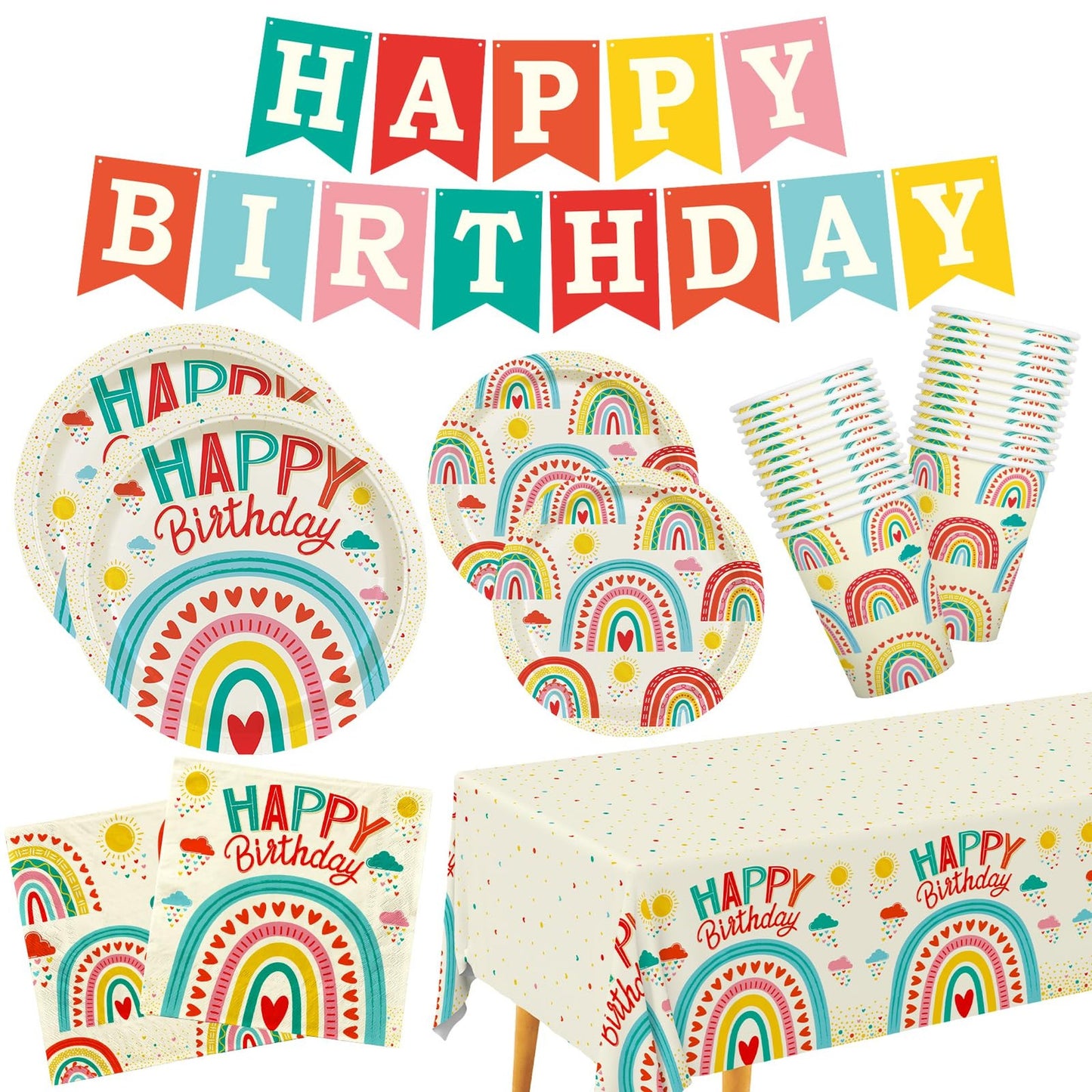Retro Rainbow Happy Birthday Party Pack - Vibrant Disposable Tableware Set for 25 Guests - Fun Colorful Design with Plates, Cups, Napkins, Tablecloth, and Banner