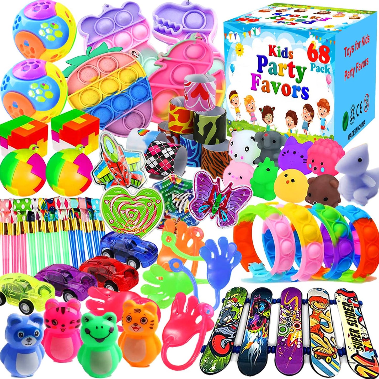Party Pop Fidget Treasure Box - 68 Piece Kids Clroom Prizes & Goodie Bag Stuffers. Perfect Pinata Filler & Birthday Return Gifts for Ages 4-8-12.