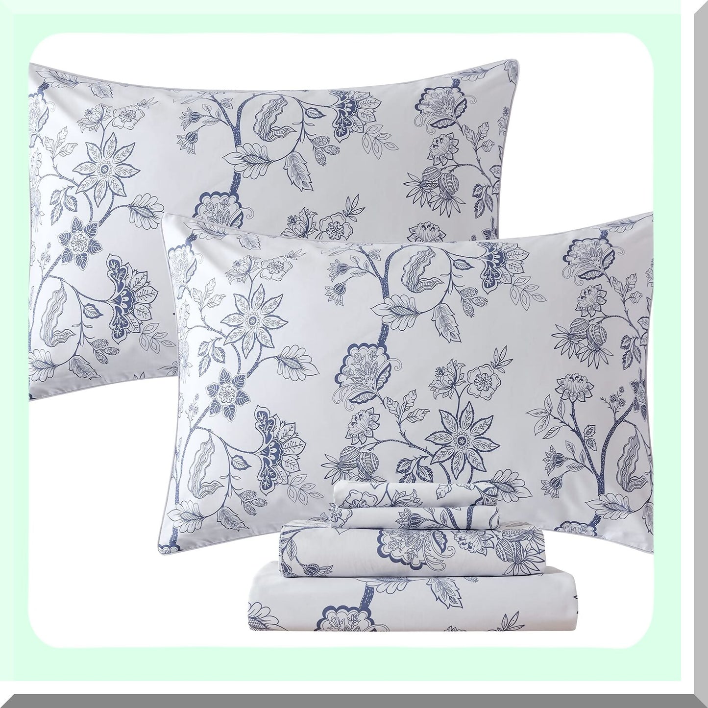 Vintage Chic Leaf Branches Percale Cotton Sheets - Twin XL College Bedding Set in Light Blue. Super Soft, Breathable, Deep Pocket Fitted Sheet for Dorm Room. 4 Piece Set.
