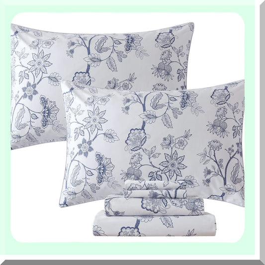 Vintage Chic Leaf Branches Percale Cotton Sheets - Twin XL College Bedding Set in Light Blue. Super Soft, Breathable, Deep Pocket Fitted Sheet for Dorm Room. 4 Piece Set.
