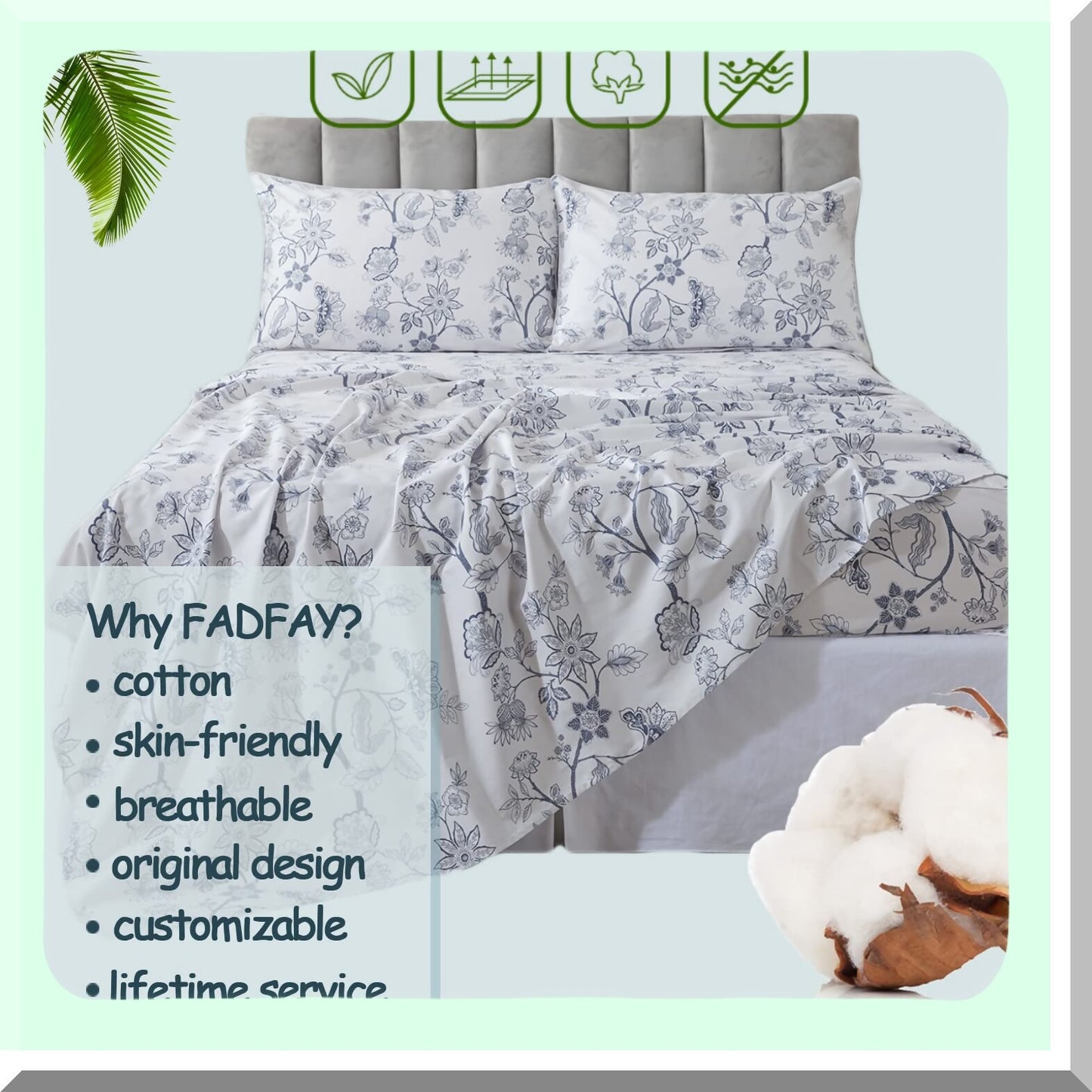 Vintage Chic Leaf Branches Percale Cotton Sheets - Twin XL College Bedding Set in Light Blue. Super Soft, Breathable, Deep Pocket Fitted Sheet for Dorm Room. 4 Piece Set.