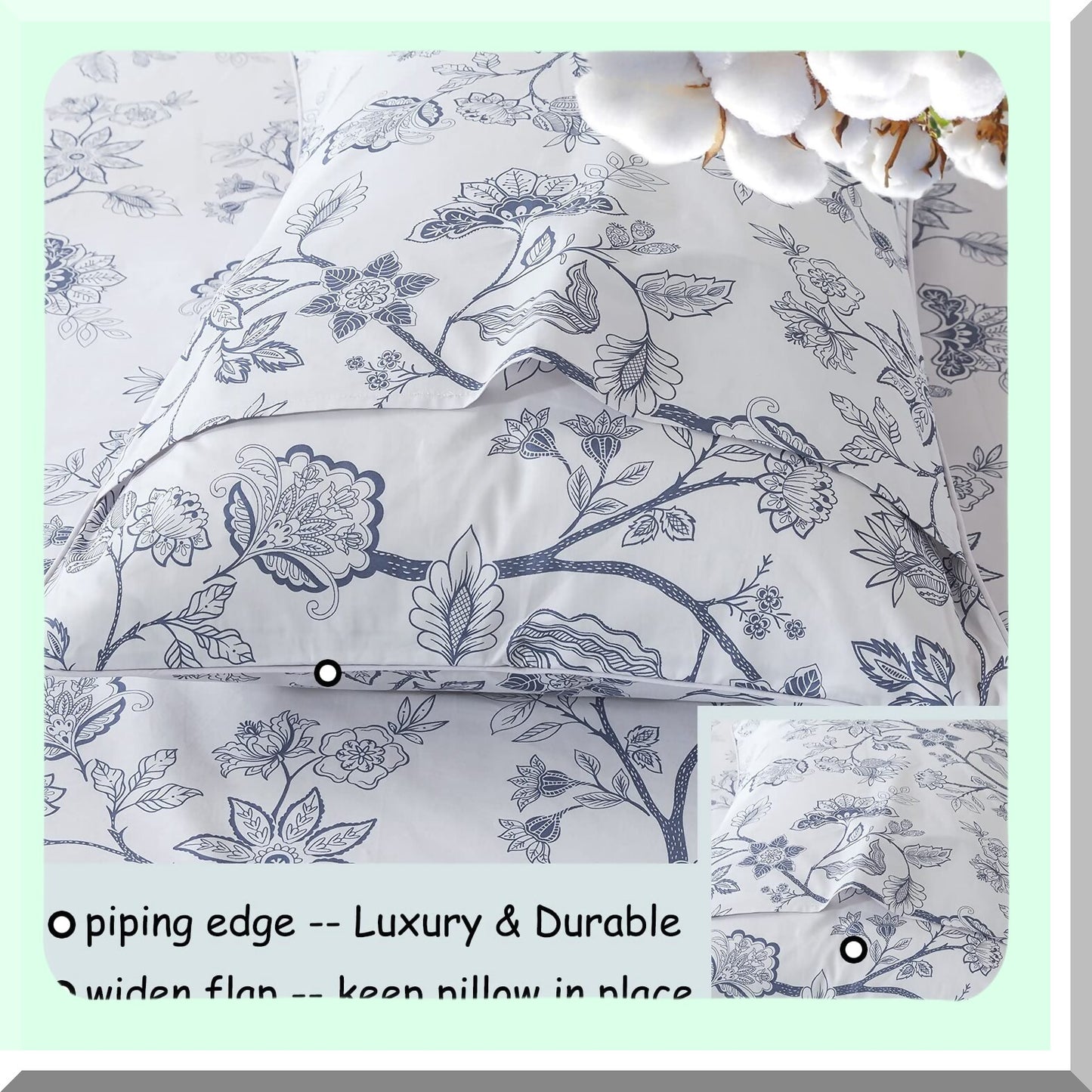 Vintage Chic Leaf Branches Percale Cotton Sheets - Twin XL College Bedding Set in Light Blue. Super Soft, Breathable, Deep Pocket Fitted Sheet for Dorm Room. 4 Piece Set.