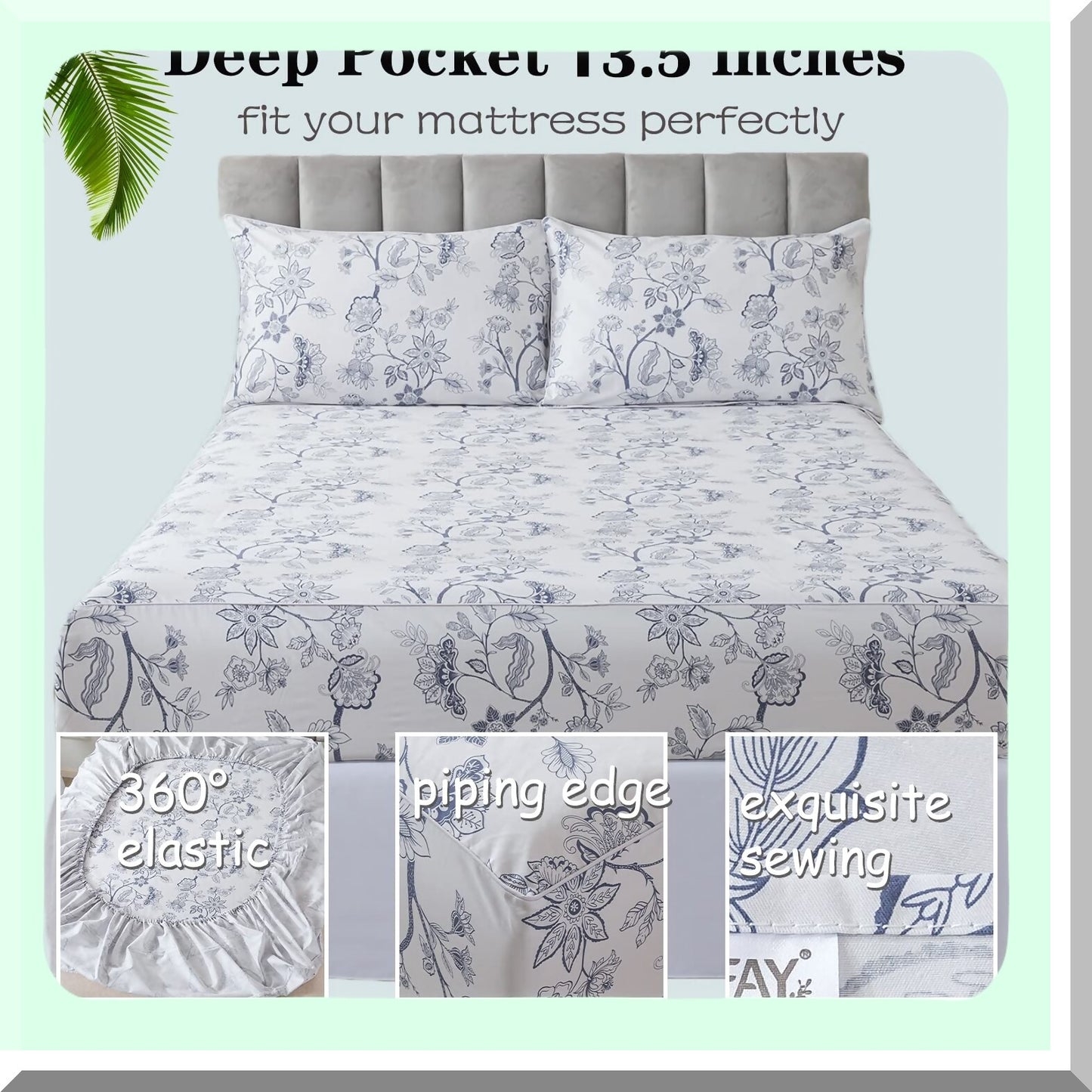 Vintage Chic Leaf Branches Percale Cotton Sheets - Twin XL College Bedding Set in Light Blue. Super Soft, Breathable, Deep Pocket Fitted Sheet for Dorm Room. 4 Piece Set.