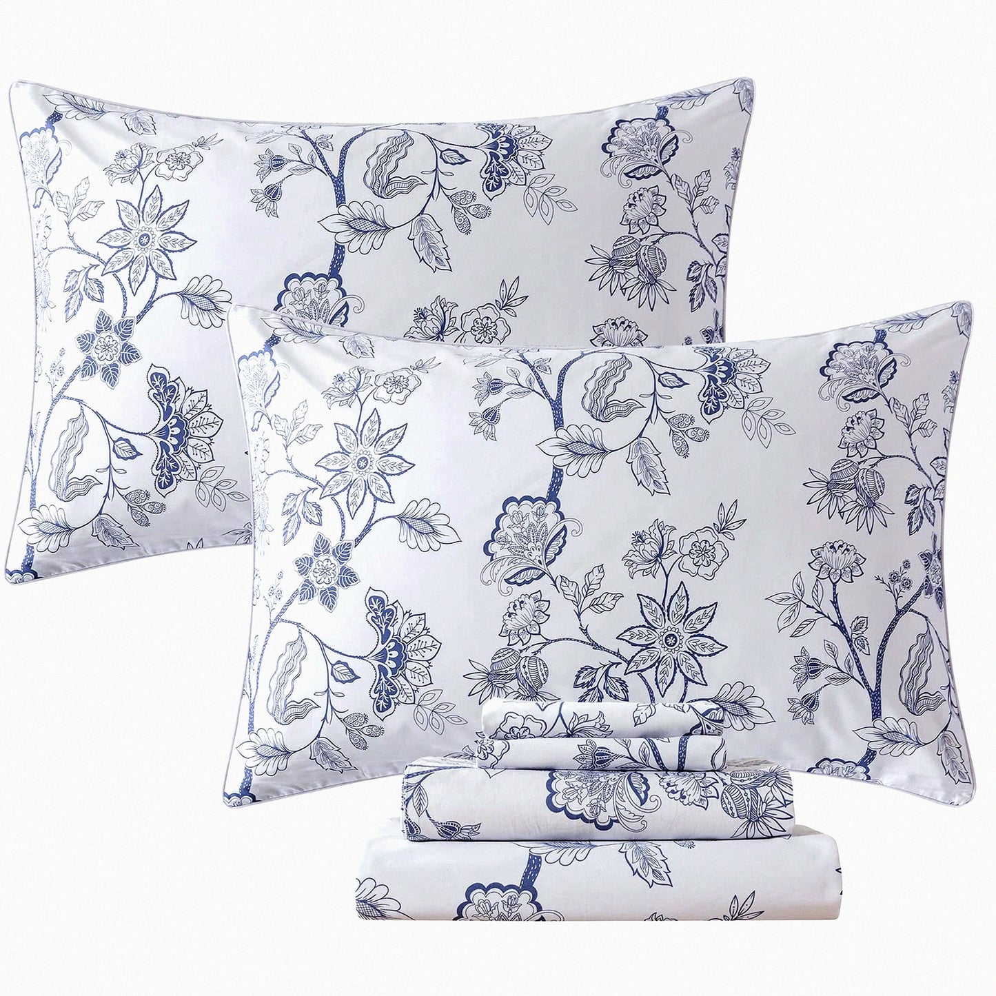 Vintage Chic Leaf Branches Percale Cotton Sheets - Twin XL College Bedding Set in Light Blue. Super Soft, Breathable, Deep Pocket Fitted Sheet for Dorm Room. 4 Piece Set.