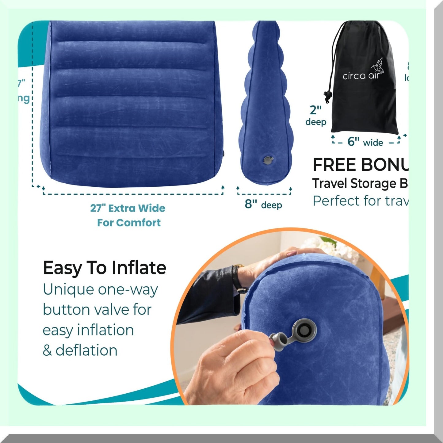 TravelEase Inflatable Wedge Pillow - Extra Wide 27" Bed Wedge with Cover. Sleep Better with Acid Reflux, Anti Snore, Gerd Relief. Elevated Triangle Pillow for Leg Elevation on the Go!