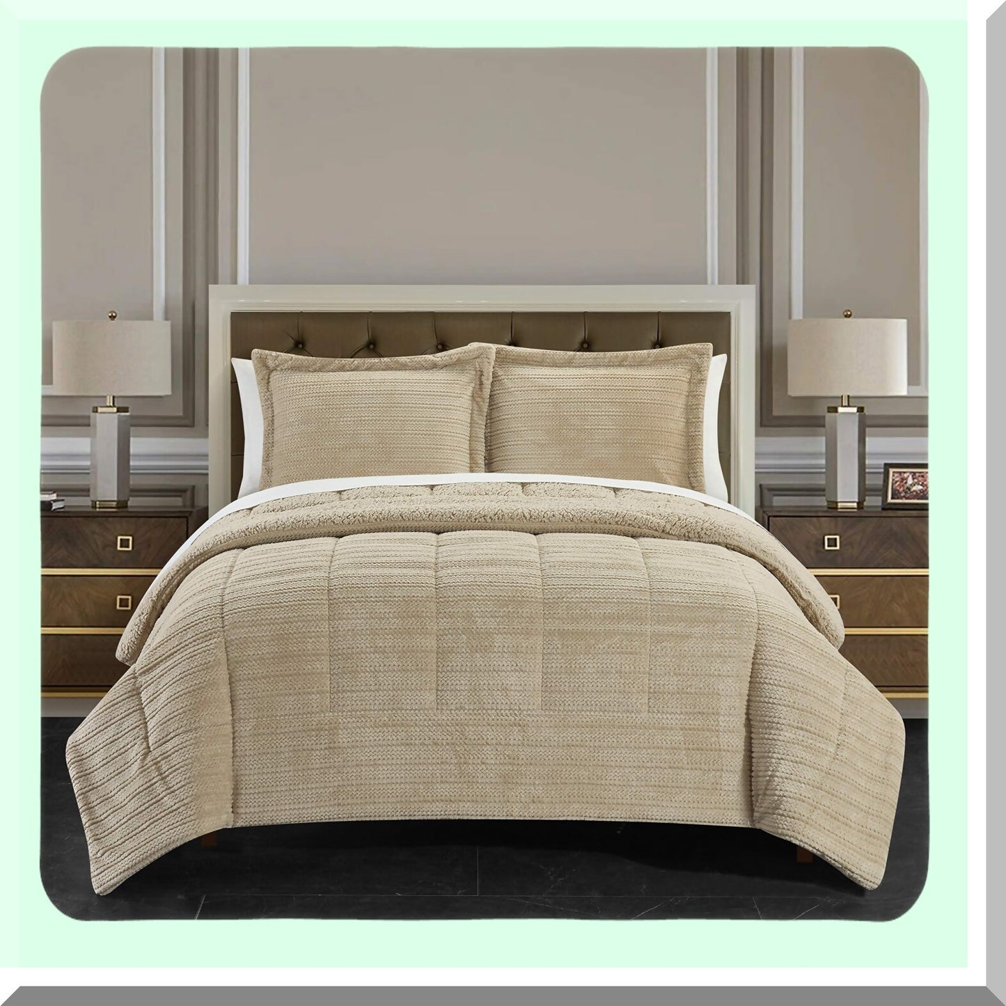 Luxury Plush Sherpa Comforter Set - Queen Size 3 Piece Bedding Bundle with Ribbed Texture and Pillow Shams - Cozy Beige Home Decor