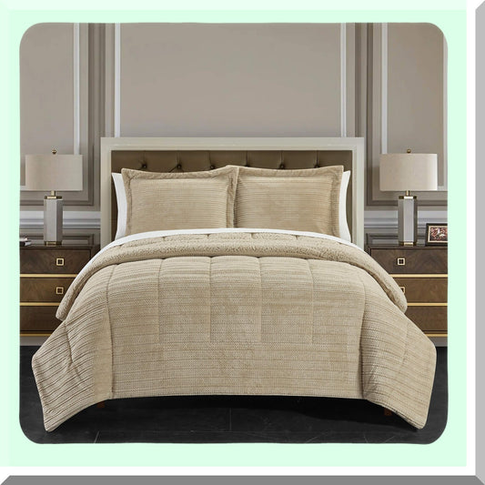 Luxury Plush Sherpa Comforter Set - Queen Size 3 Piece Bedding Bundle with Ribbed Texture and Pillow Shams - Cozy Beige Home Decor