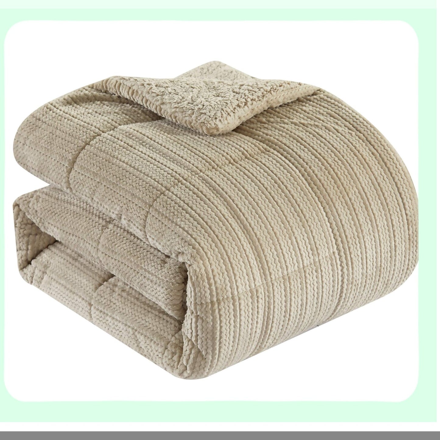 Luxury Plush Sherpa Comforter Set - Queen Size 3 Piece Bedding Bundle with Ribbed Texture and Pillow Shams - Cozy Beige Home Decor