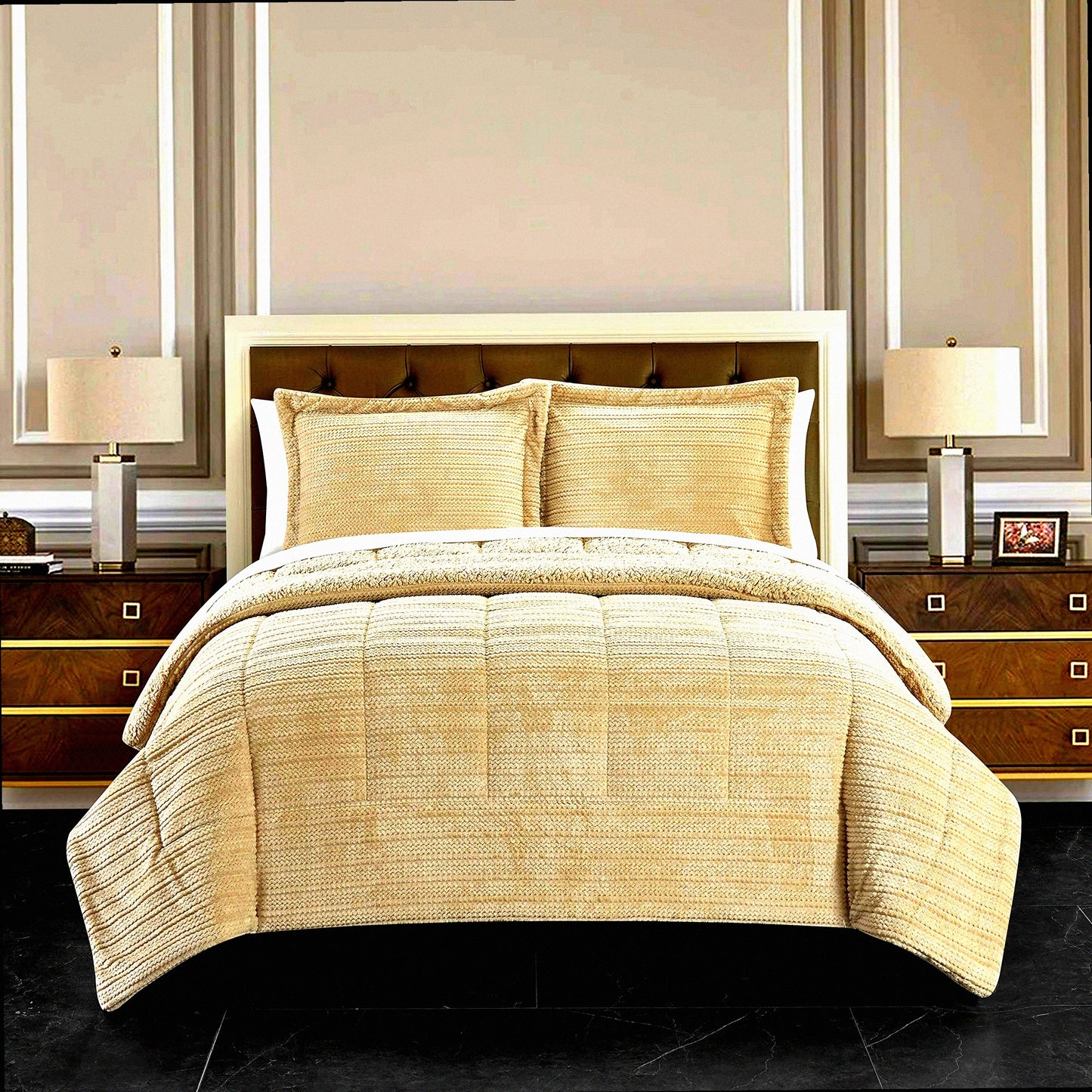Luxury Plush Sherpa Comforter Set - Queen Size 3 Piece Bedding Bundle with Ribbed Texture and Pillow Shams - Cozy Beige Home Decor