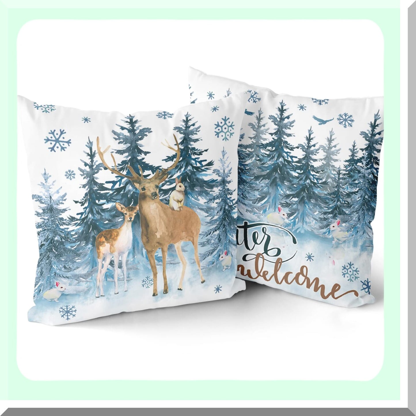 Winter Wonderland Reindeer Snow Pillowcase Set - Soft Breathable Cushion Covers with Watercolor Deer & Blue Snowflakes - Decorative Sofa Bedroom Car Pillows - 18 X 18 Inch - Pack of 2