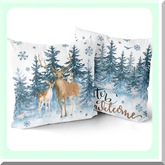 Winter Wonderland Reindeer Snow Pillowcase Set - Soft Breathable Cushion Covers with Watercolor Deer & Blue Snowflakes - Decorative Sofa Bedroom Car Pillows - 18 X 18 Inch - Pack of 2