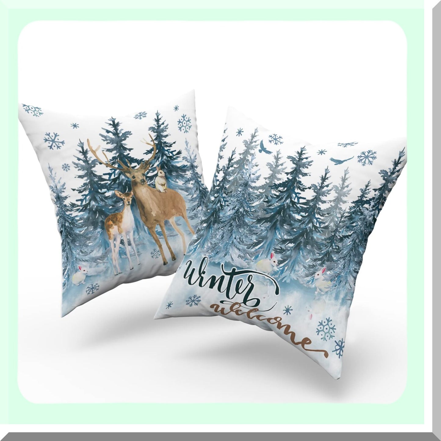 Winter Wonderland Reindeer Snow Pillowcase Set - Soft Breathable Cushion Covers with Watercolor Deer & Blue Snowflakes - Decorative Sofa Bedroom Car Pillows - 18 X 18 Inch - Pack of 2
