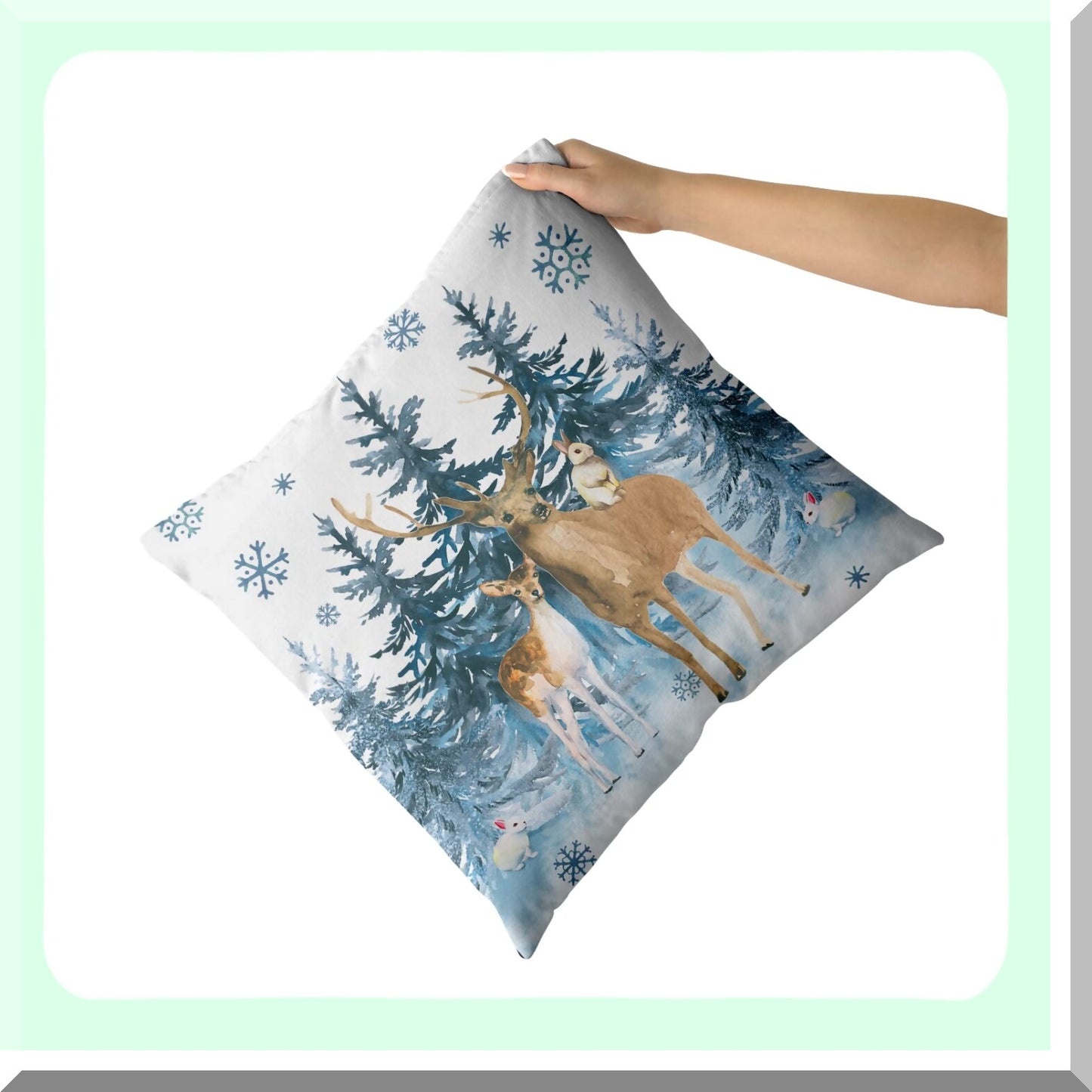 Winter Wonderland Reindeer Snow Pillowcase Set - Soft Breathable Cushion Covers with Watercolor Deer & Blue Snowflakes - Decorative Sofa Bedroom Car Pillows - 18 X 18 Inch - Pack of 2