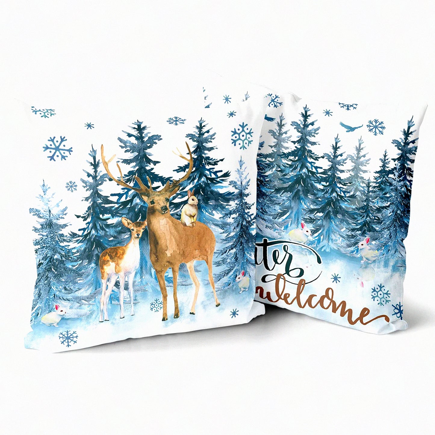 Winter Wonderland Reindeer Snow Pillowcase Set - Soft Breathable Cushion Covers with Watercolor Deer & Blue Snowflakes - Decorative Sofa Bedroom Car Pillows - 18 X 18 Inch - Pack of 2