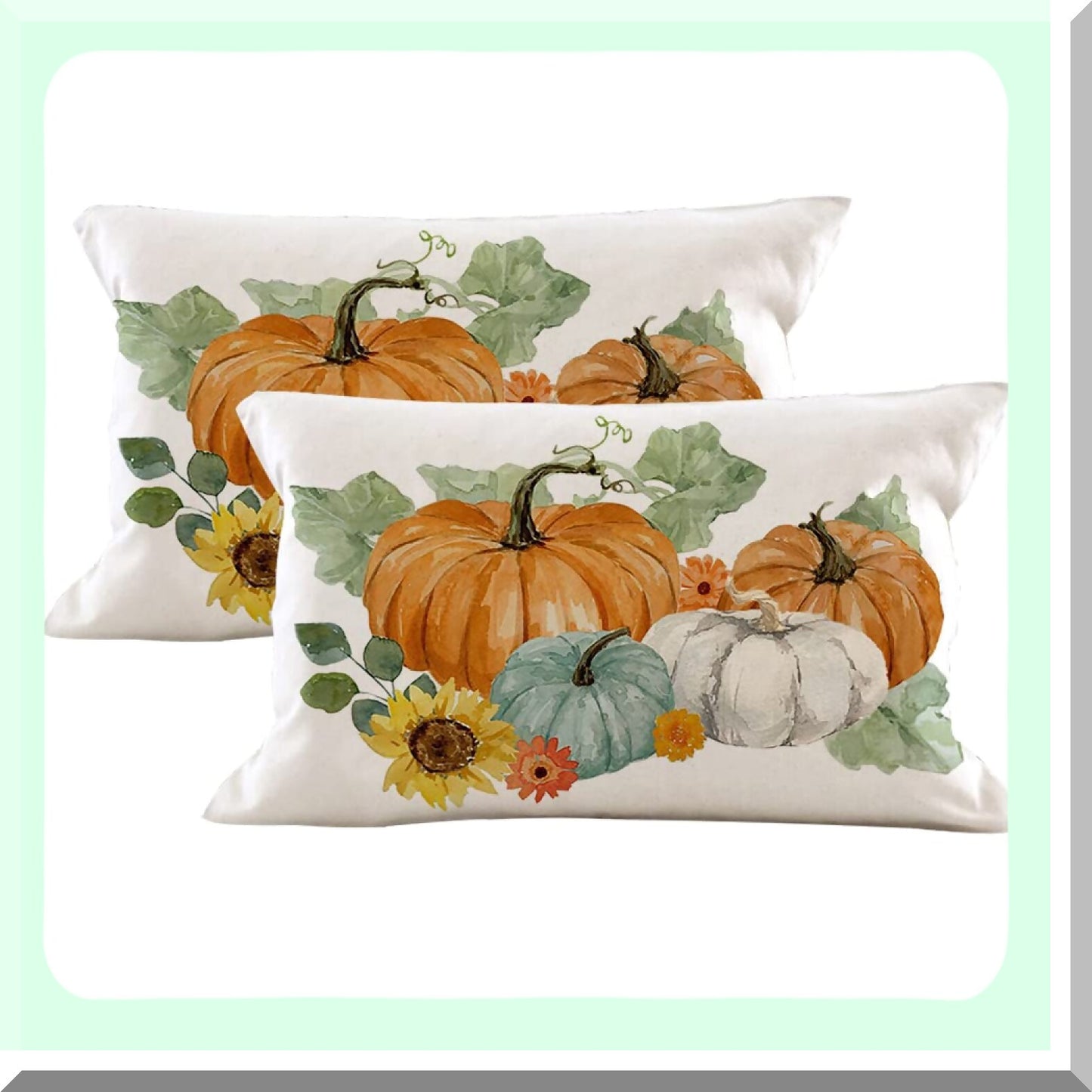 Fall Harvest Lumbar Pillow Set - Autumn Decorative Throw Pillow Cases with Pumpkins & Sunflowers Design - 12x20 Inch Linen Cushion Covers for Thanksgiving Home Decor