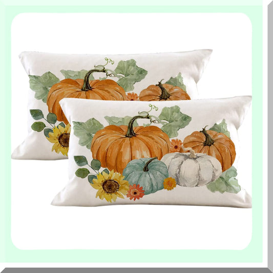 Fall Harvest Lumbar Pillow Set - Autumn Decorative Throw Pillow Cases with Pumpkins & Sunflowers Design - 12x20 Inch Linen Cushion Covers for Thanksgiving Home Decor