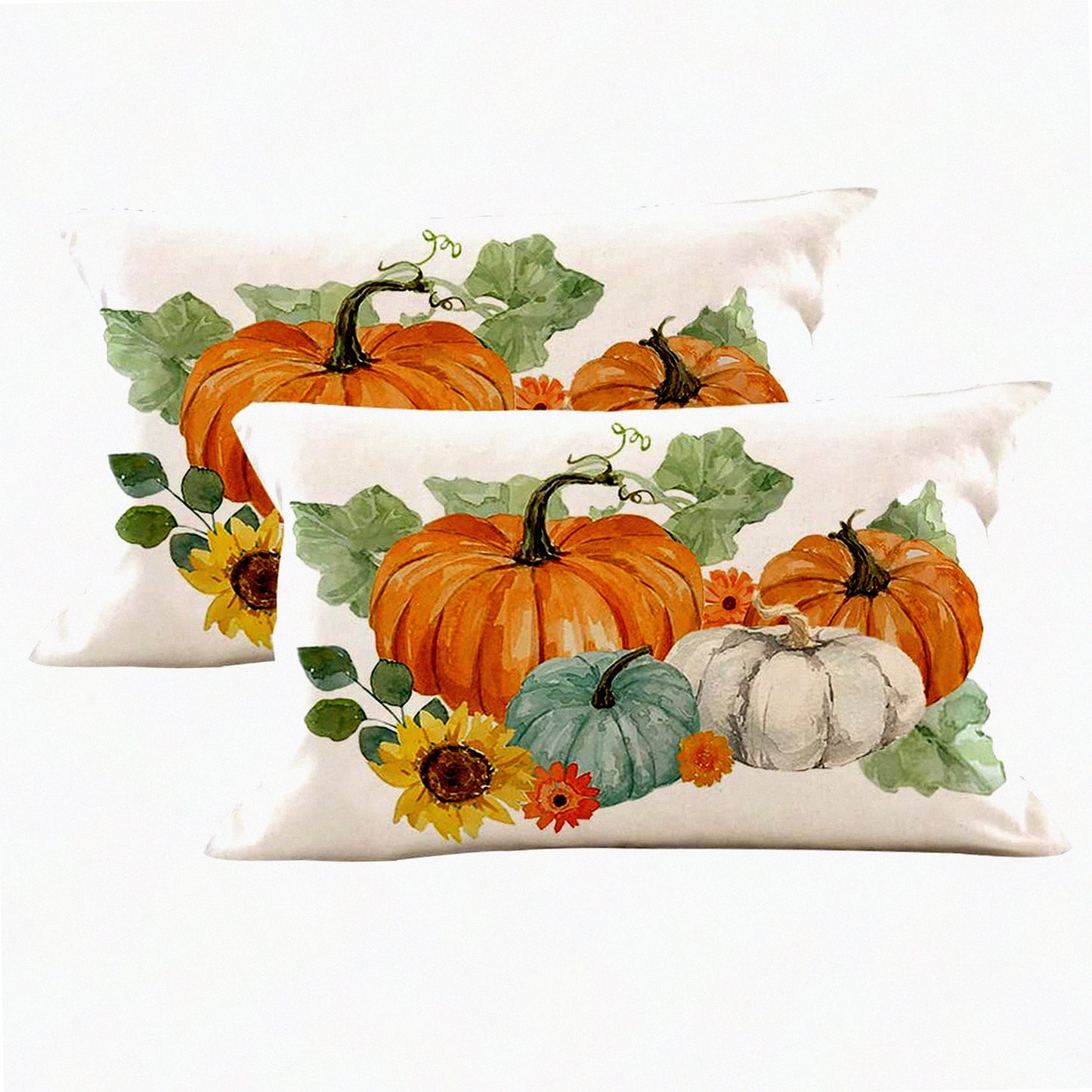 Fall Harvest Lumbar Pillow Set - Autumn Decorative Throw Pillow Cases with Pumpkins & Sunflowers Design - 12x20 Inch Linen Cushion Covers for Thanksgiving Home Decor