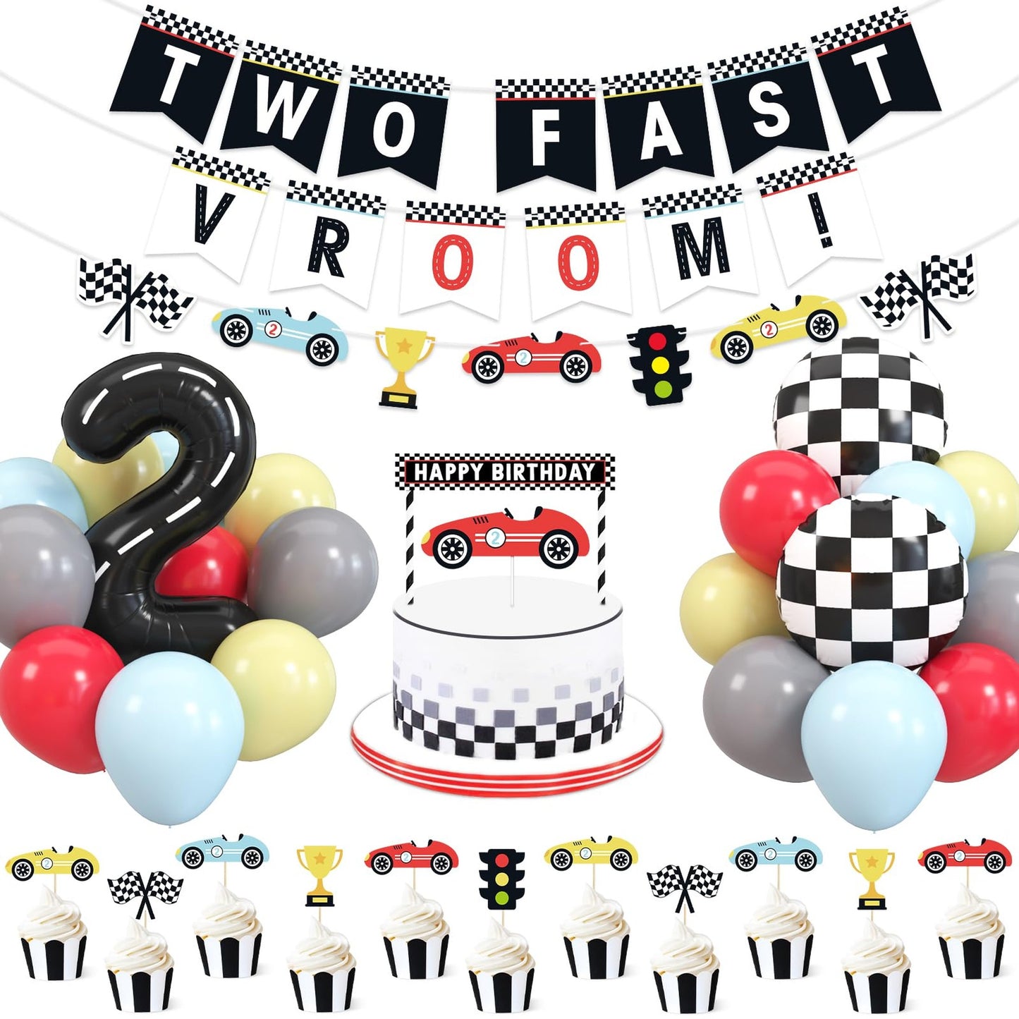 Rapid Race Car 2nd Birthday Party Kit - Checkered Flags, Number Balloons, Banner, Cake Topper - Let's Go Racing Theme Decor Supplies for Sports Event