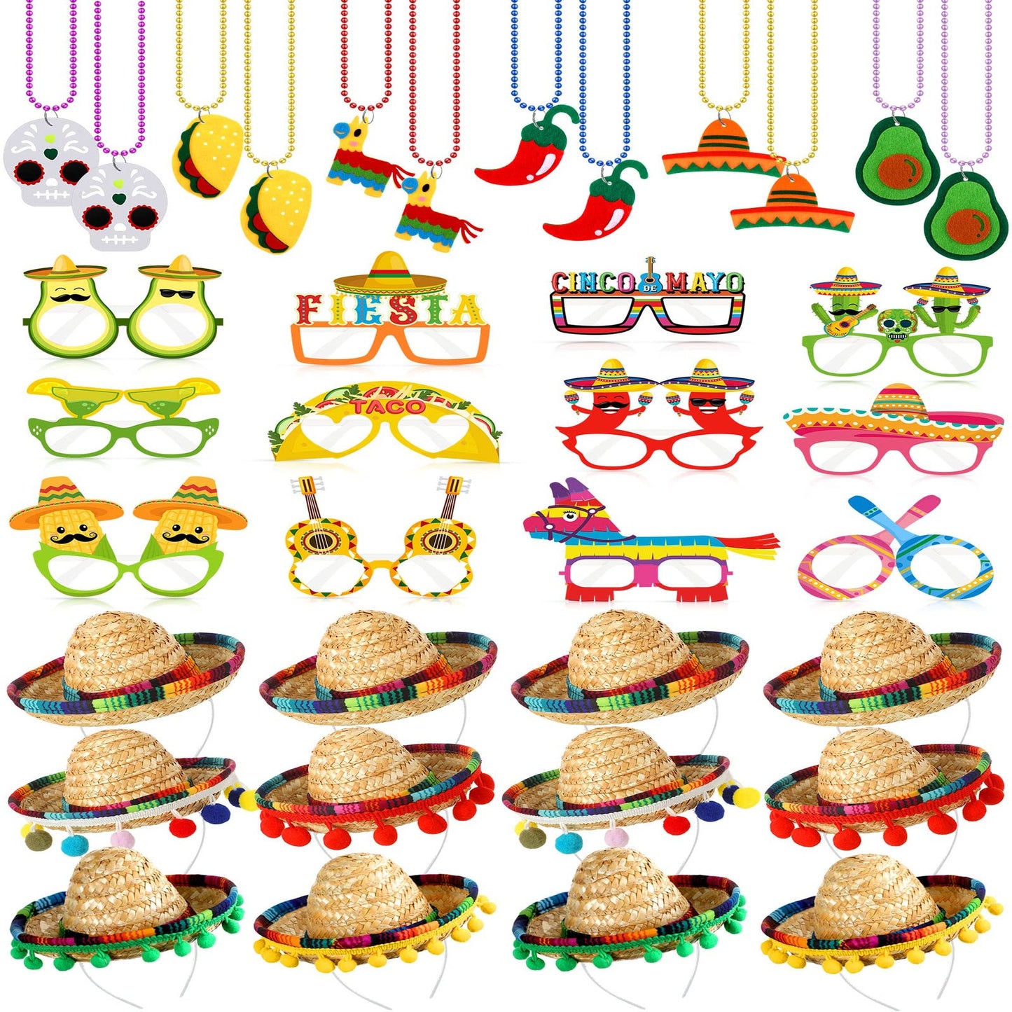 Fiesta Fun Pack - 36-Piece Mexican Party Supplies Set with Sombrero Headbands, Necklaces, and Glasses for Modern Fiesta Themed Parties