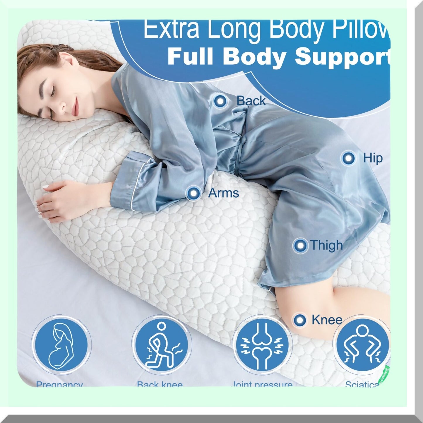 CoolBreeze Body Pillow - 58" Adjustable Memory Foam Pillow with Bamboo Cover. Support for Neck, Back, Legs, and Maternity. Stay Cool and Comfortable All Night Long!