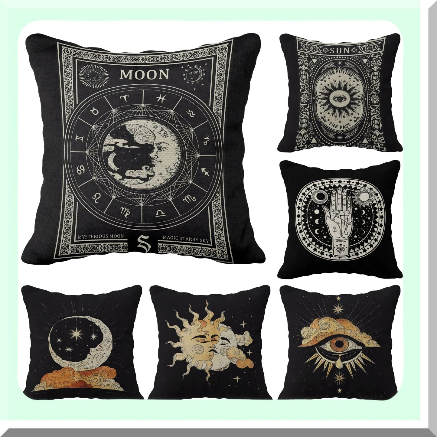 Astrology Tarot Linen Pillow Case Set - Star Moon Sun Theme Room Decor Gift for Mom, Daughter, Sister, Wife - Black Cushion Cover for Sofa Bed - 18x18 Inch, Pack of 6