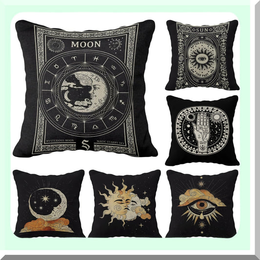 Astrology Tarot Linen Pillow Case Set - Star Moon Sun Theme Room Decor Gift for Mom, Daughter, Sister, Wife - Black Cushion Cover for Sofa Bed - 18x18 Inch, Pack of 6