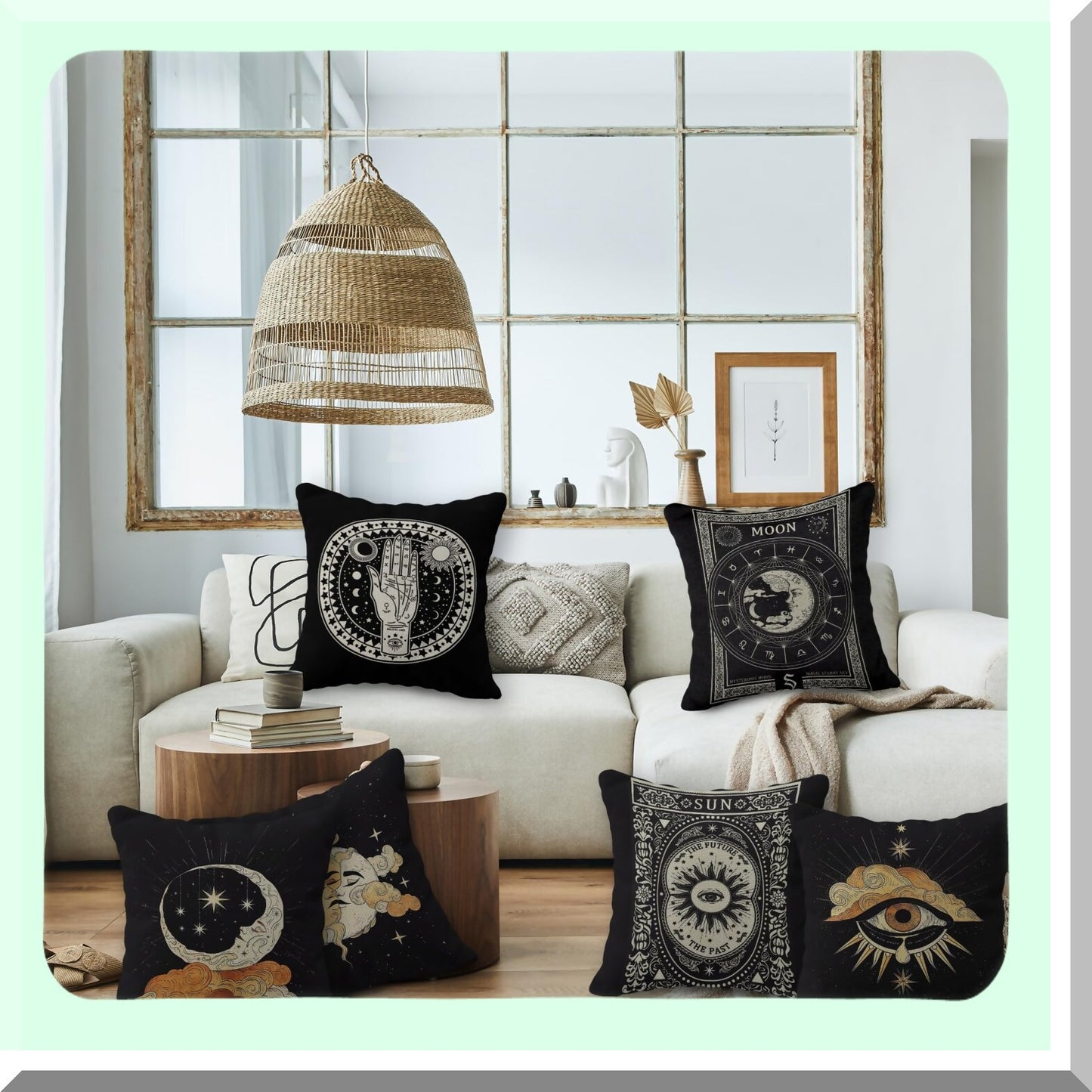 Astrology Tarot Linen Pillow Case Set - Star Moon Sun Theme Room Decor Gift for Mom, Daughter, Sister, Wife - Black Cushion Cover for Sofa Bed - 18x18 Inch, Pack of 6