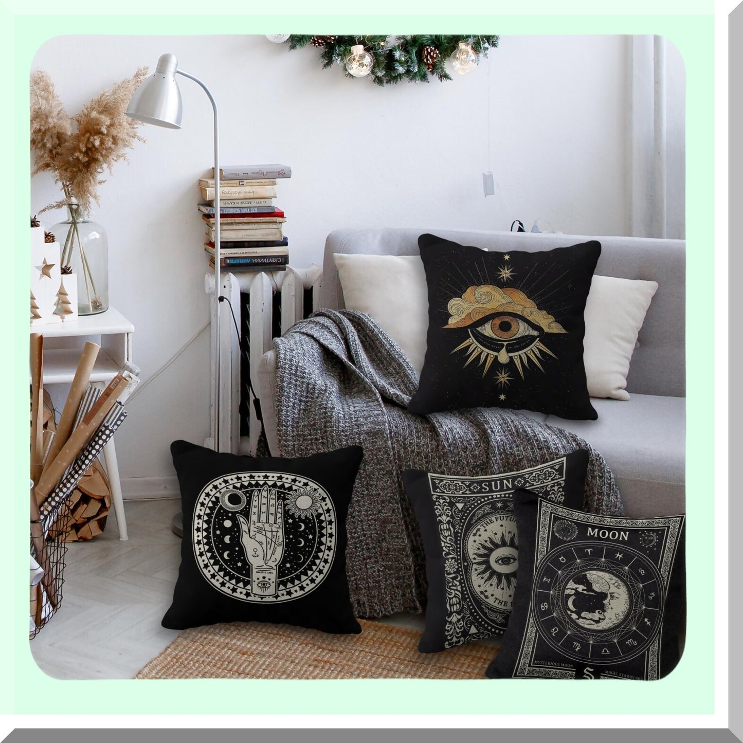 Astrology Tarot Linen Pillow Case Set - Star Moon Sun Theme Room Decor Gift for Mom, Daughter, Sister, Wife - Black Cushion Cover for Sofa Bed - 18x18 Inch, Pack of 6